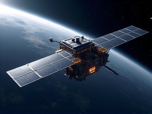 Un satellite en orbite avec des composants technologiques mis en évidence